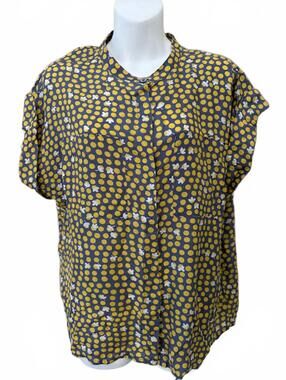 CAbi Silk Polka Dot Blouse Gray Yellow M